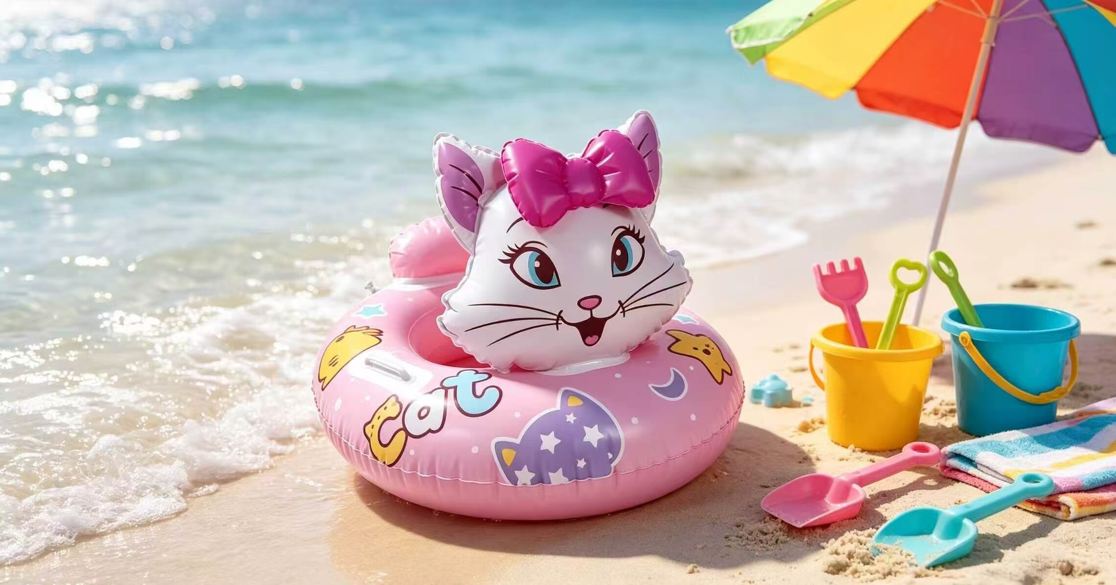 Pink Cute Cat Double-Handle Swim Ring 4