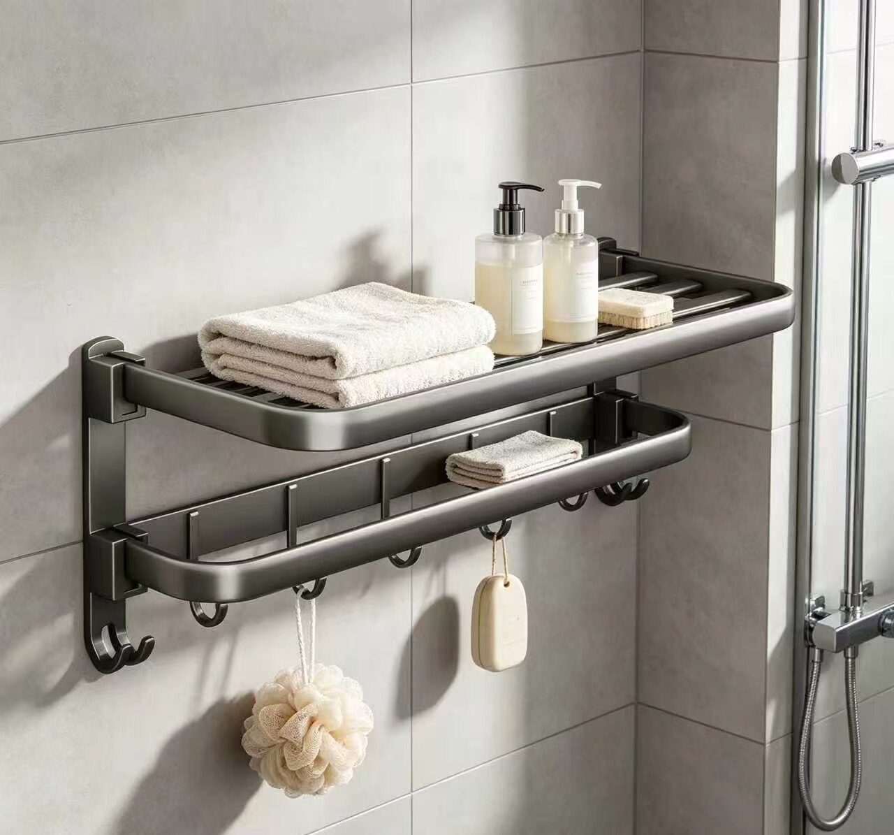 Gun Gray Double-Layer Flat Tube Towel Rack 2