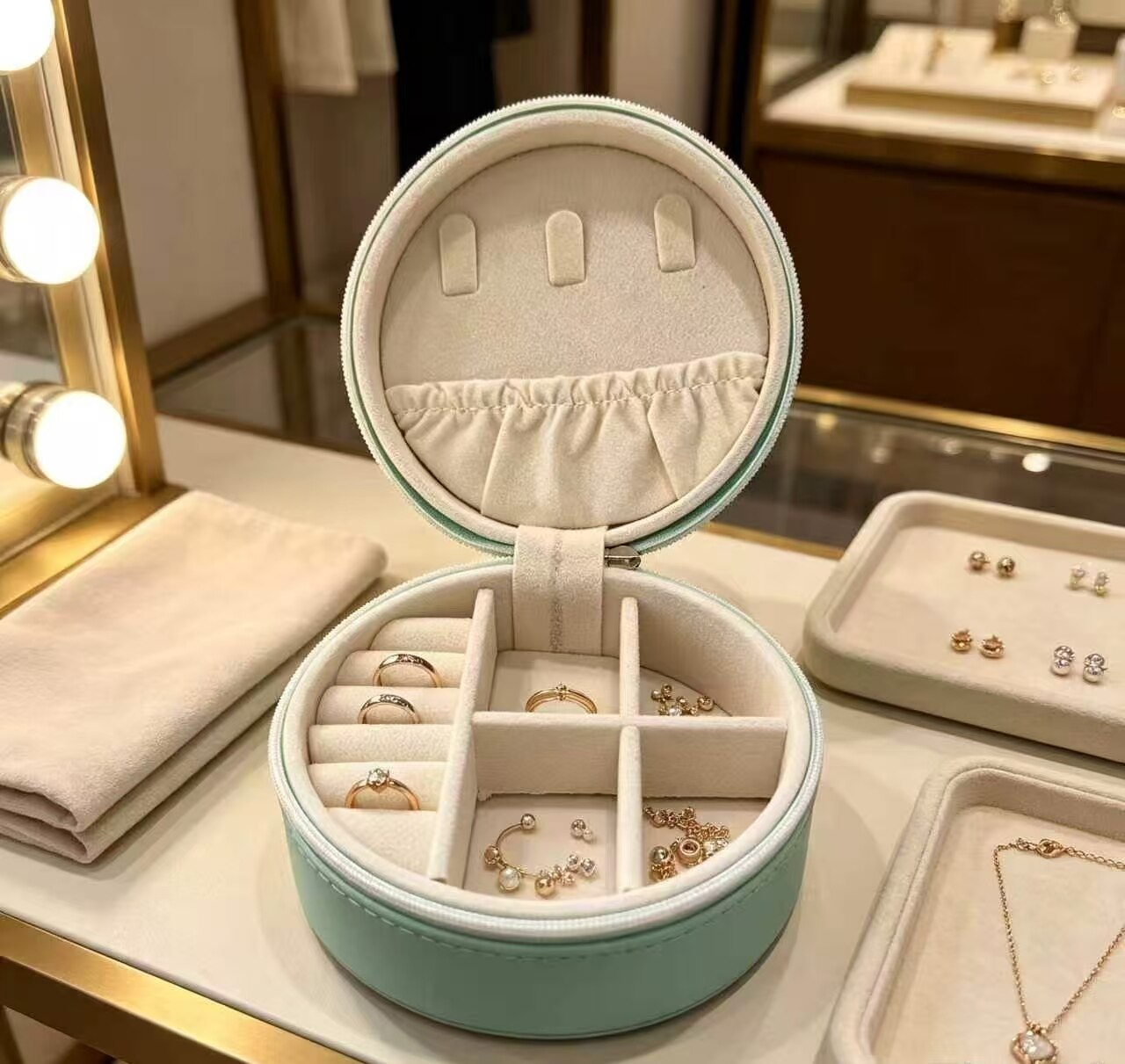Blue Wave Round Velvet Jewelry Box 4