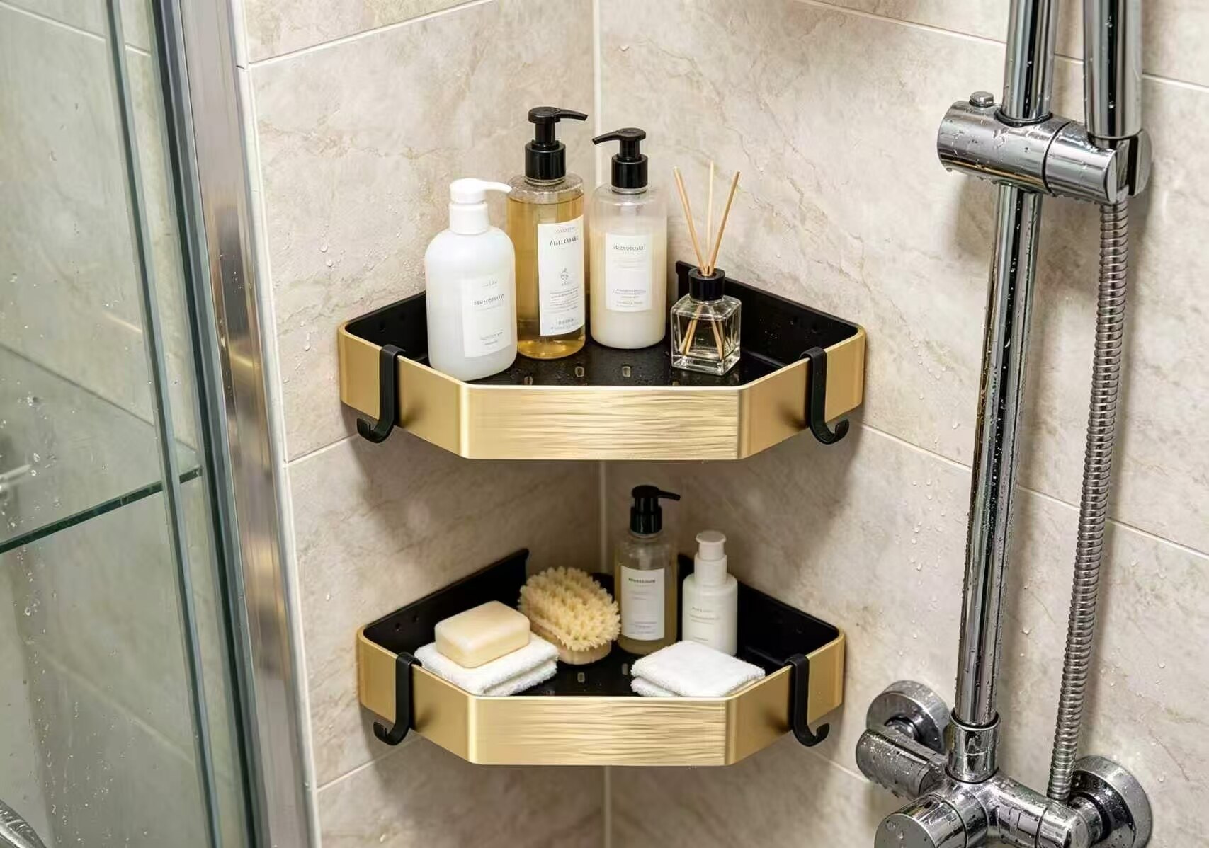 Black Gold Diamond Double-Layer Wall-Mounted Corner Shelf 3