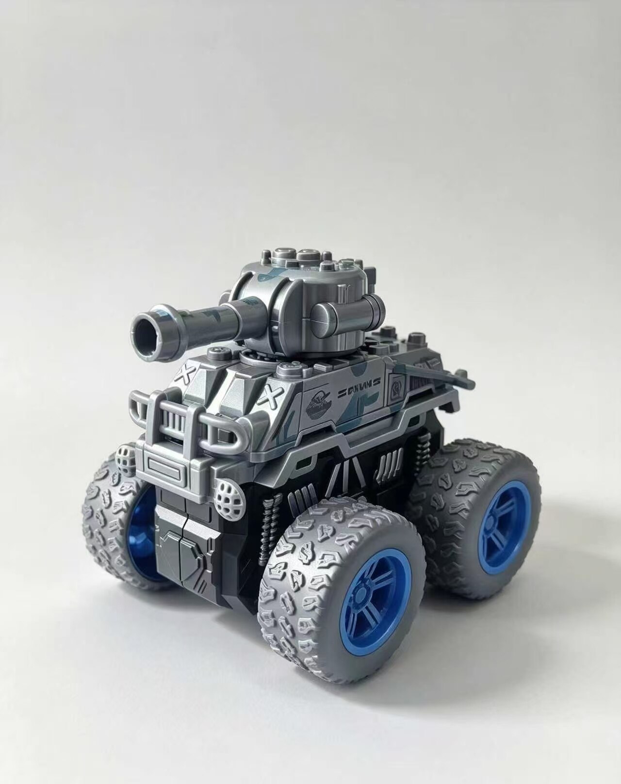 Silver-Plated Blue-Wheeled Off-Road Tank