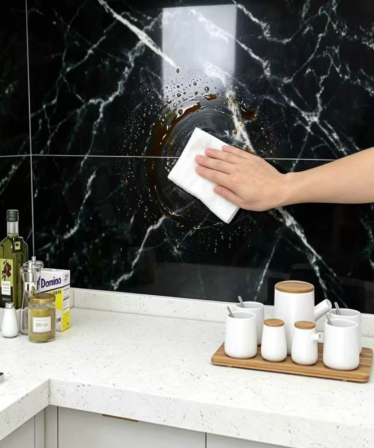 Black and white marble oil-proof kitchen sticker 3