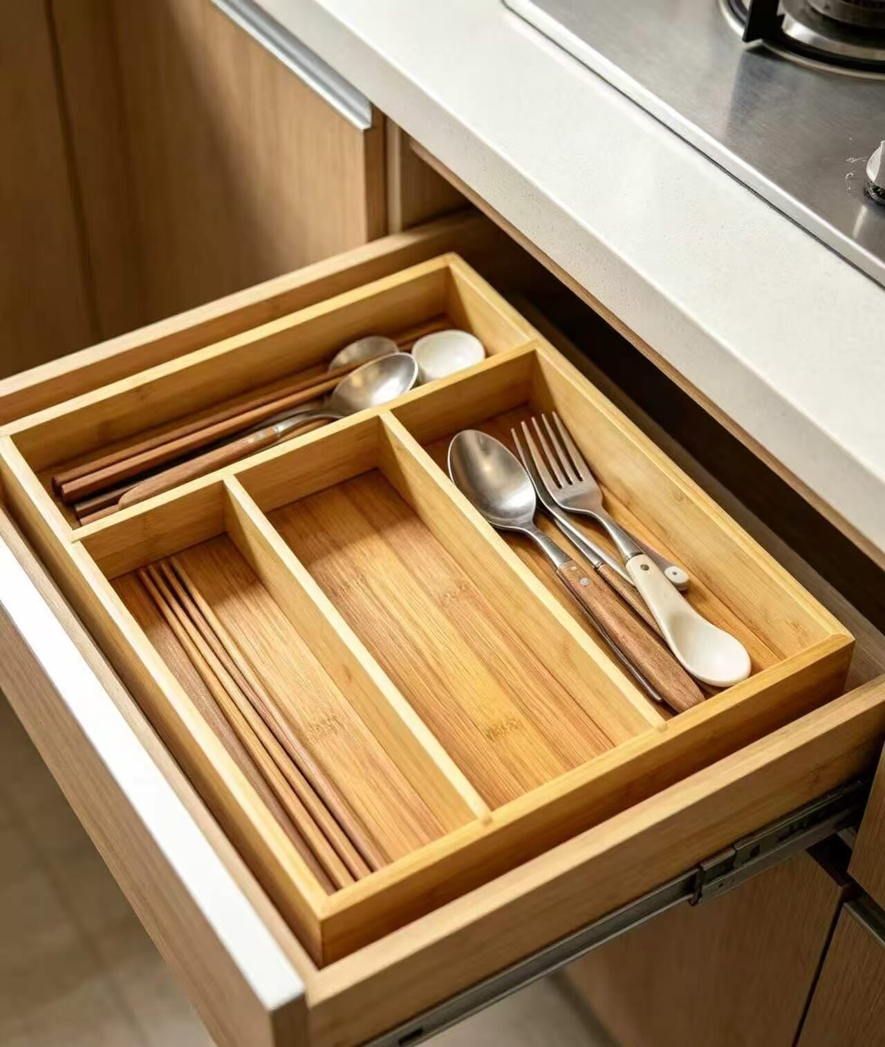 Bamboo-style Cutlery Drawer Organizer 5