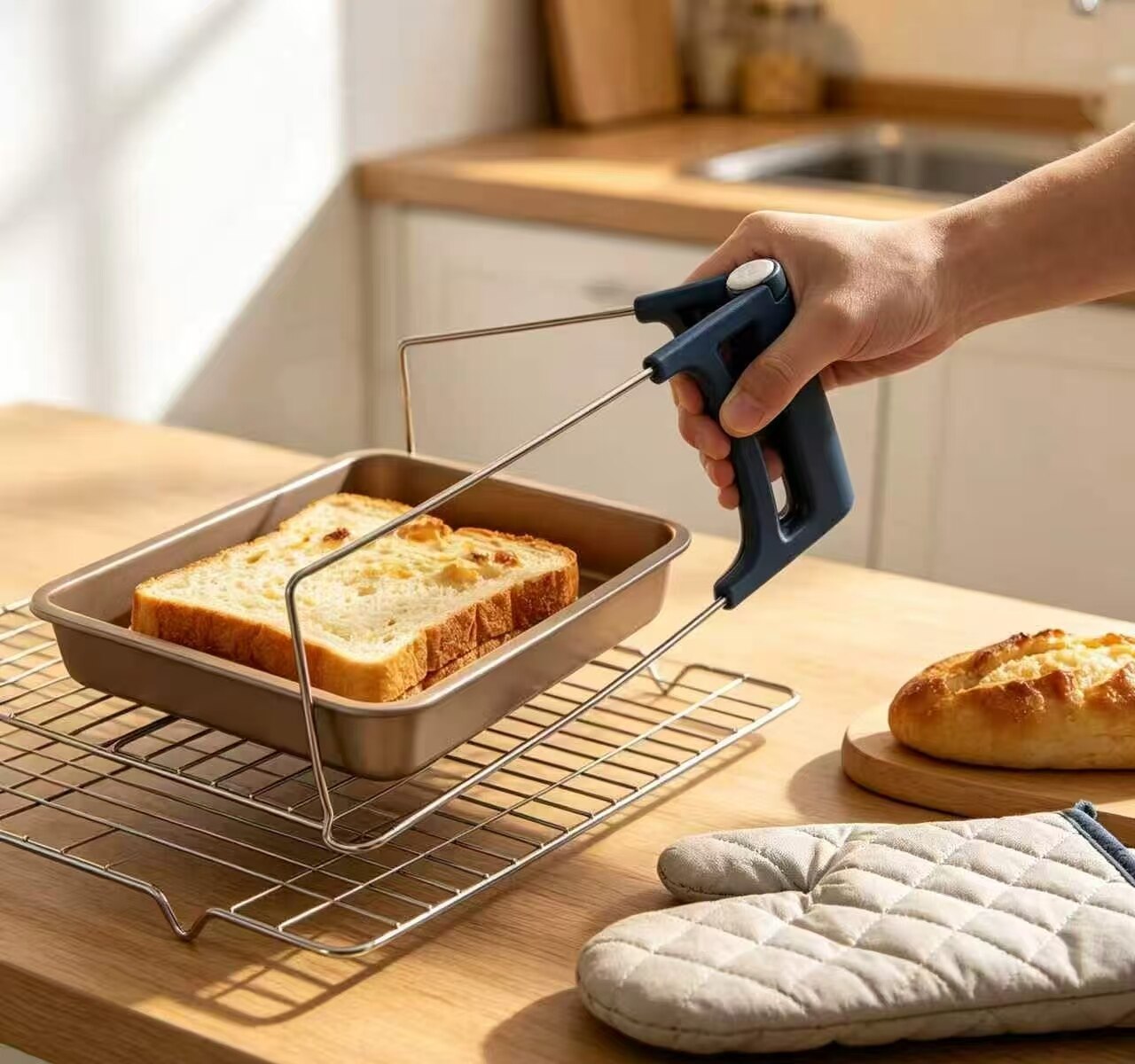 Blue-handled heat-resistant roasting pan lifter 4