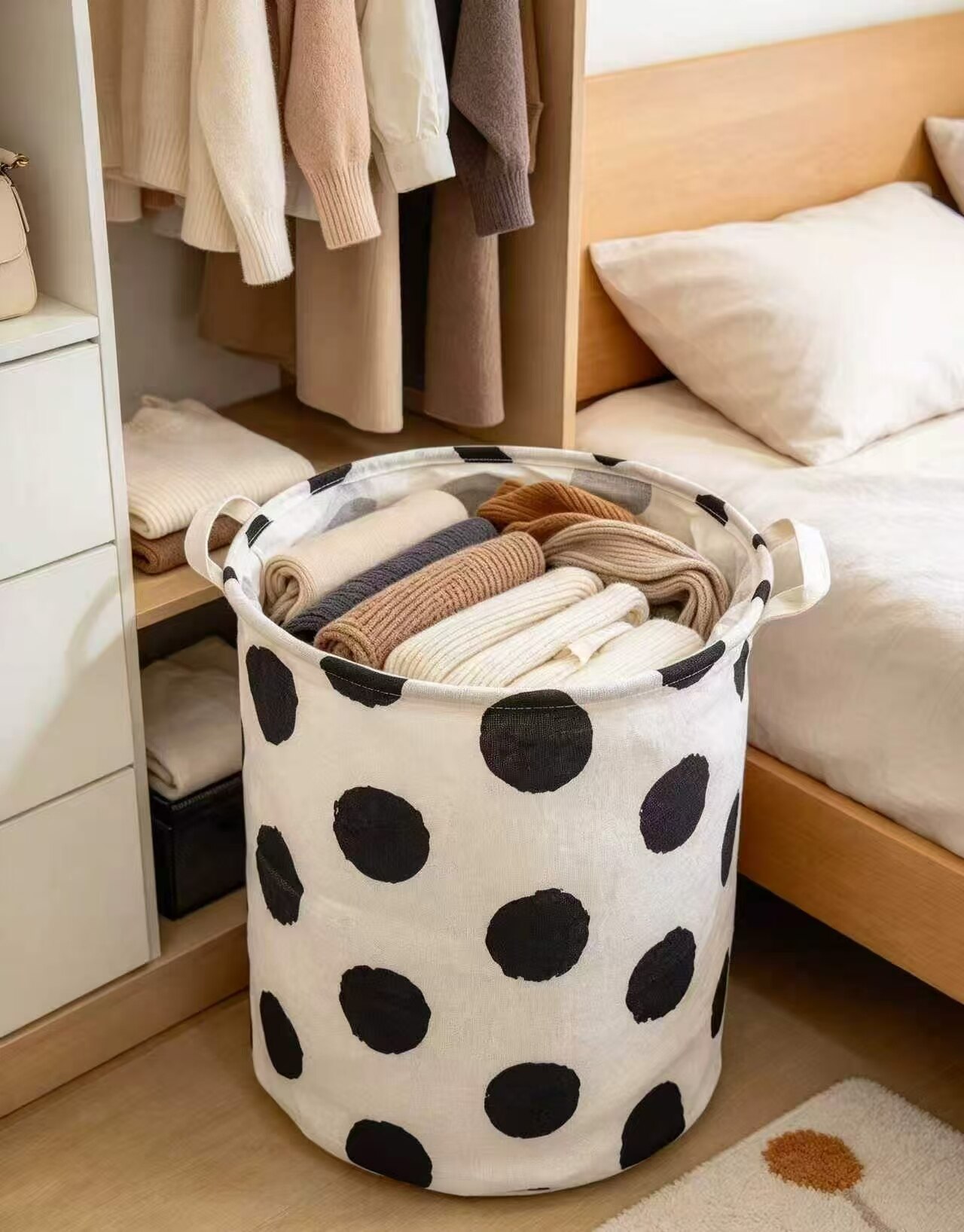 Black and white polka dot cotton linen storage bin 3