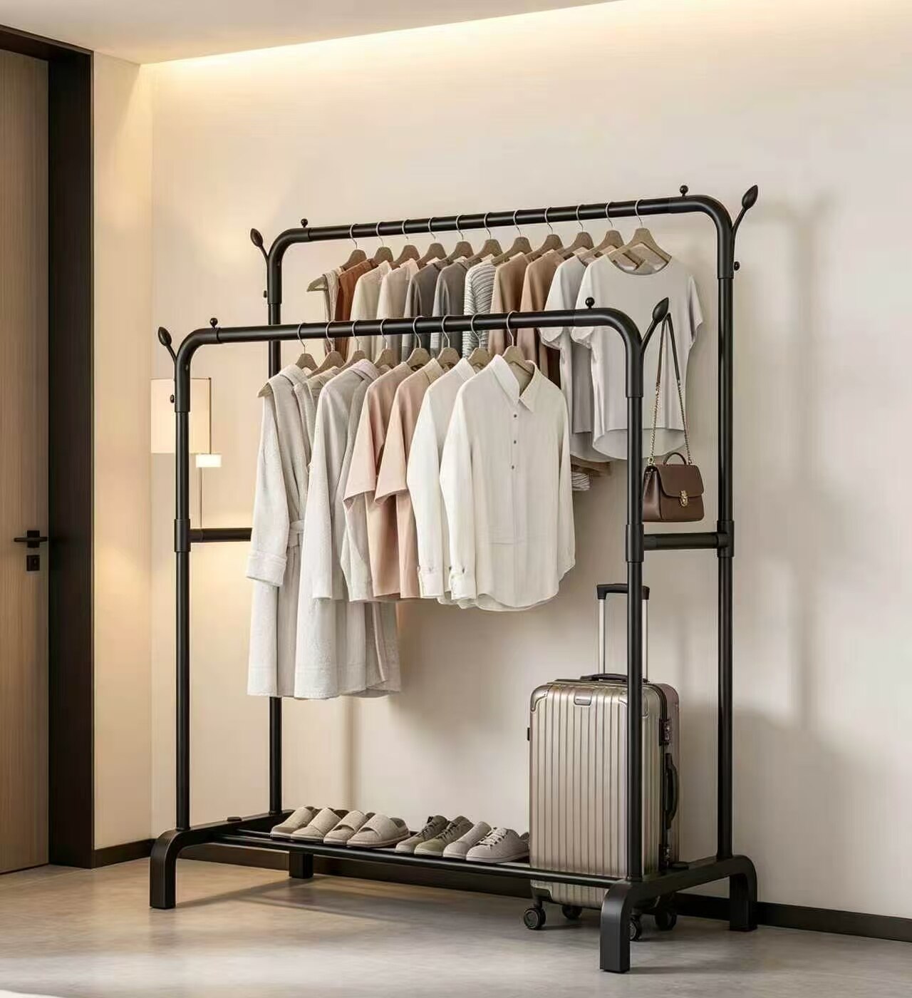 Multi-Function Dual-Pole Floor Coat Rack