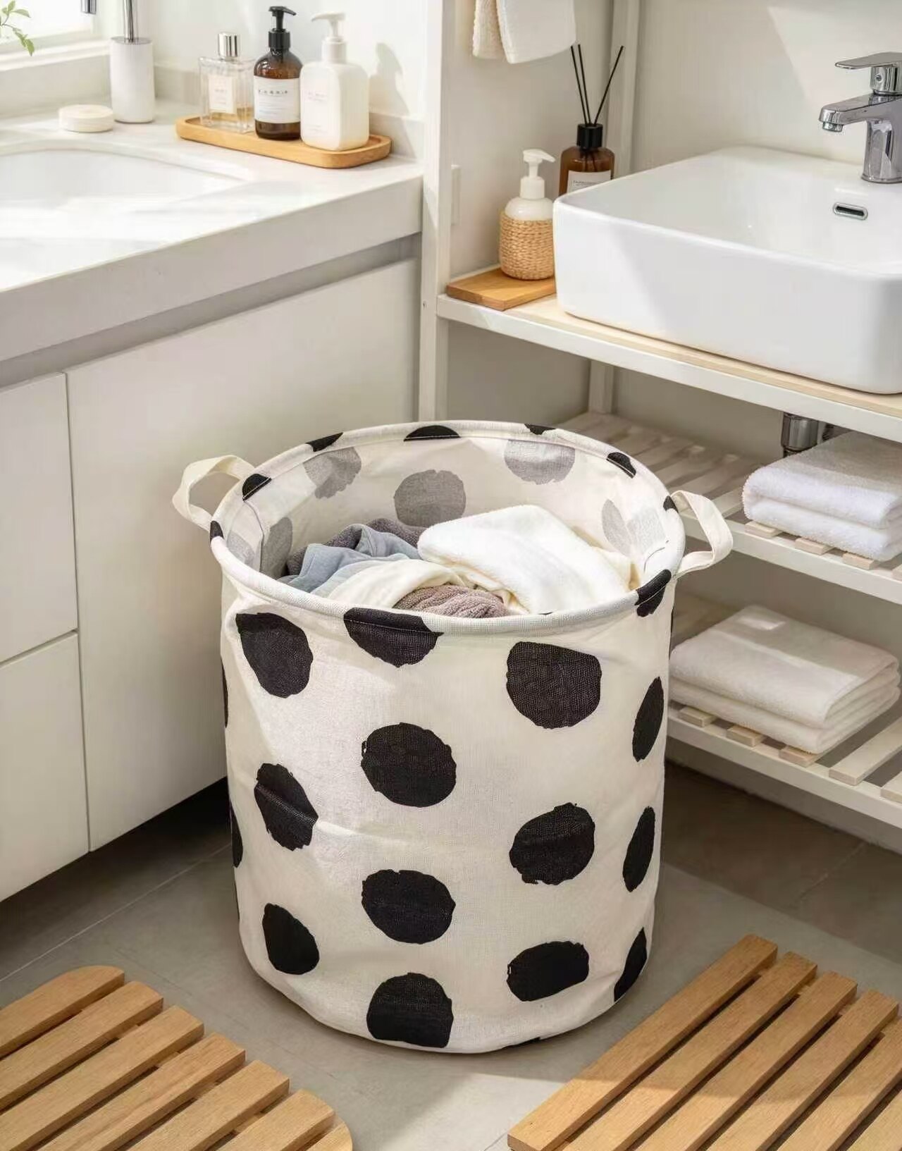 Black and White Polka Dot Cotton Linen Storage Bin 2