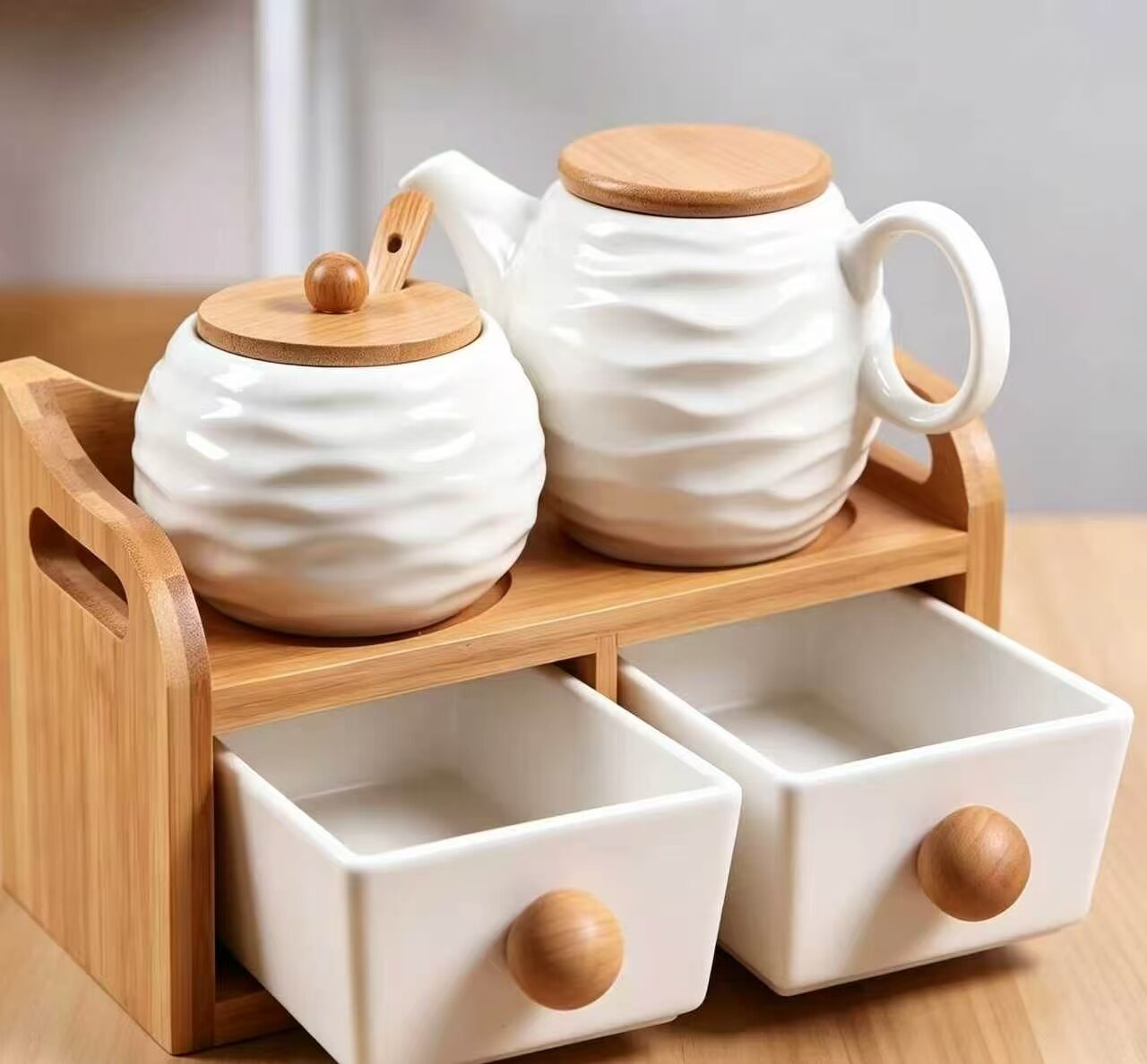 White Ceramic Wood-Grain Double-Tier Spice Rack 4