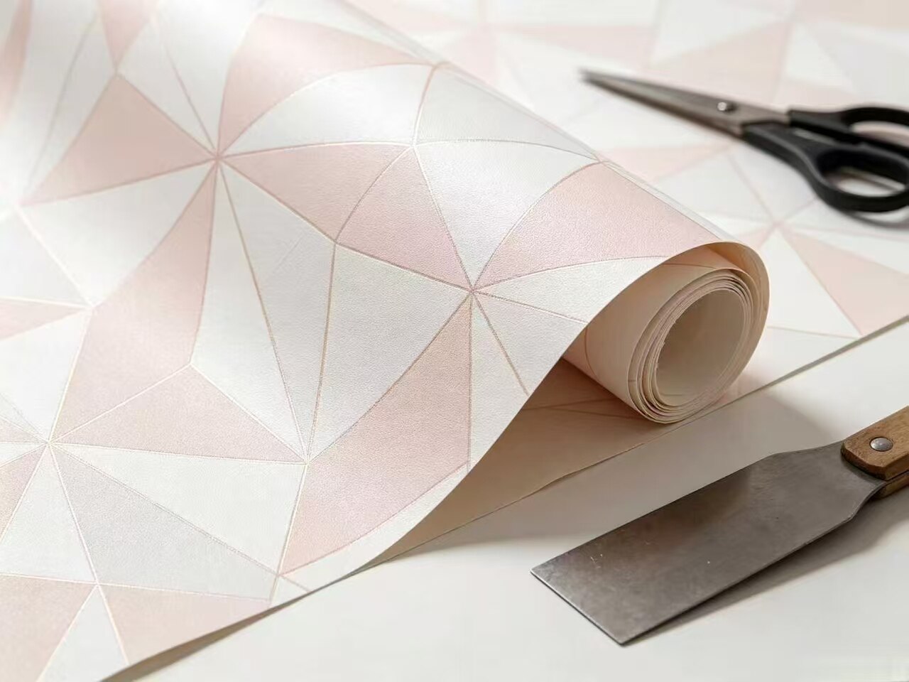 Macaron Pink-White Geometric Triangle Wallpaper 5