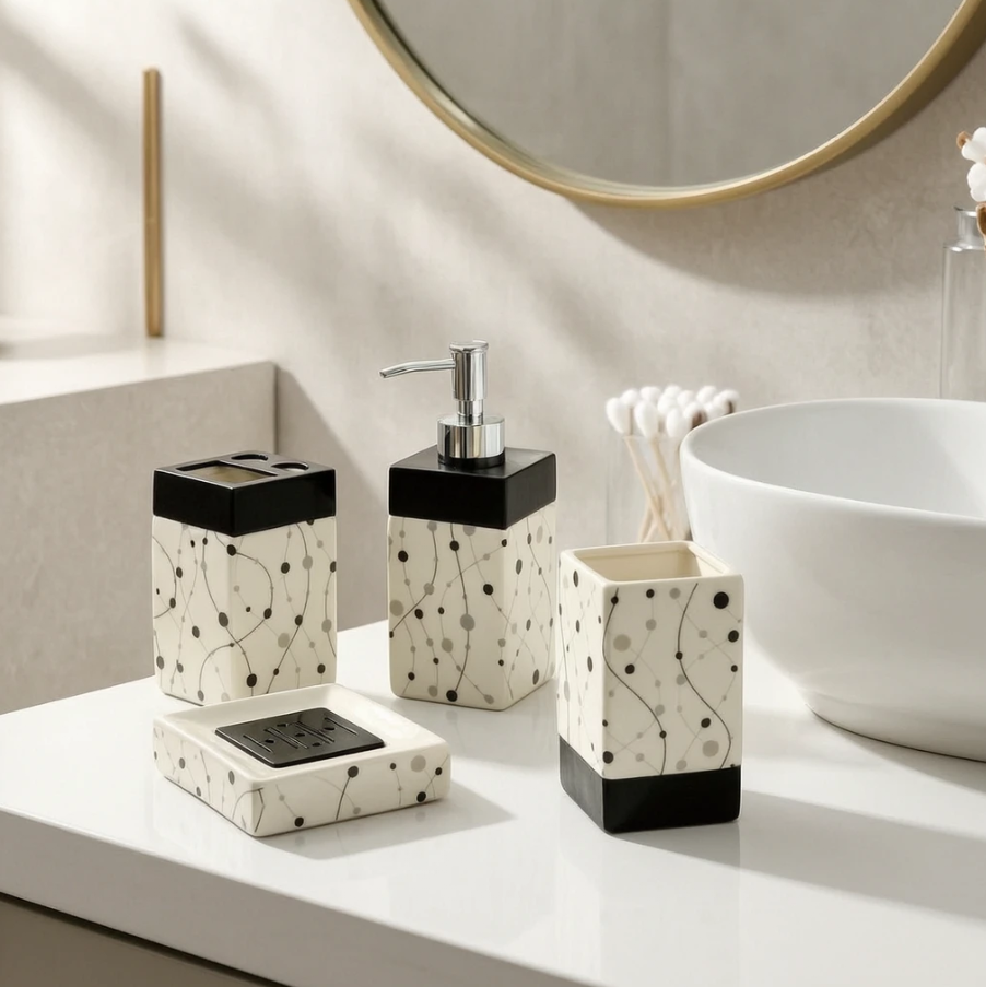 Minimalist Abstract Polka Dot Line Ceramic Bathroom Set 4