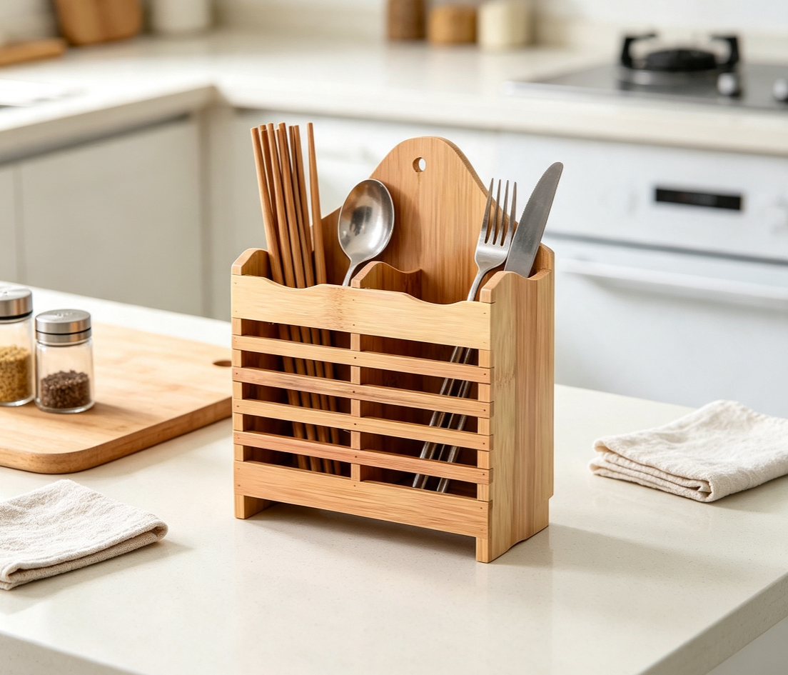 Bamboo and Wood Wall-Mounted Chopstick Drainage Holder 2