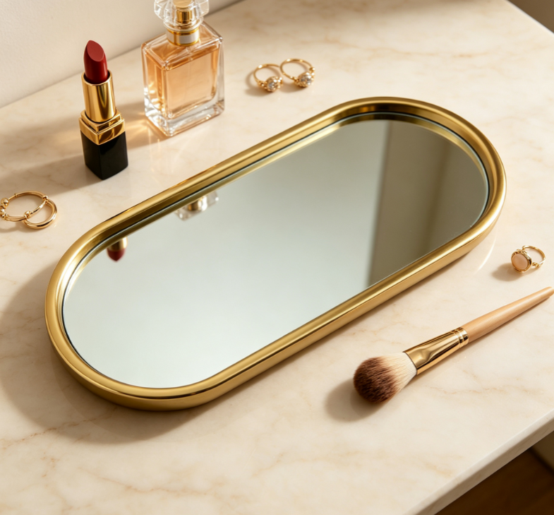 Minimalist Gold-Trimmed Oval Mirror Storage Tray 4