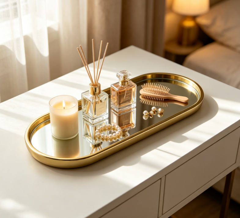 Minimalist Gold-Rimmed Oval Mirror Tray 3