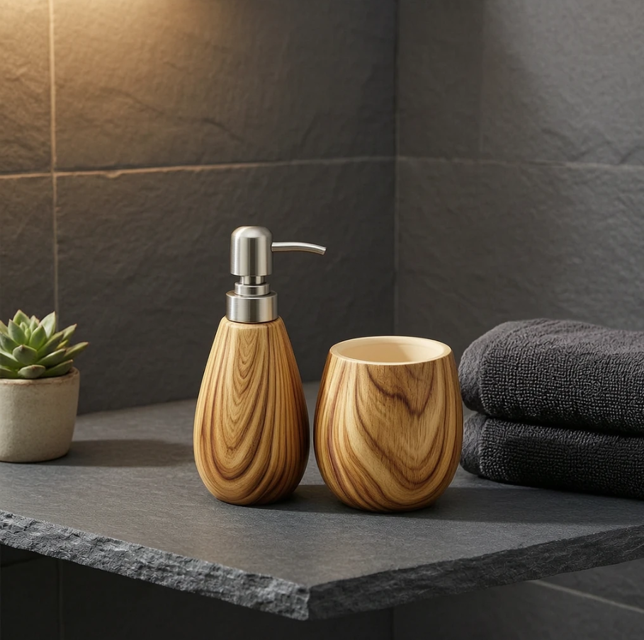 Wood-Grain Bathroom Accessory Set 2