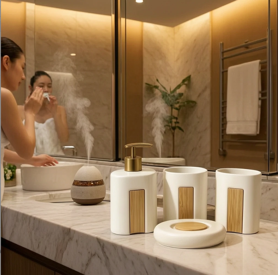 Nordic Bamboo Veneer Ceramic Bathroom Set 2