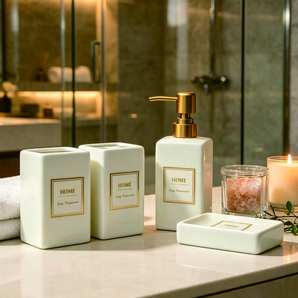 Luxury Gold-Rimmed Ceramic Bathroom Set 4