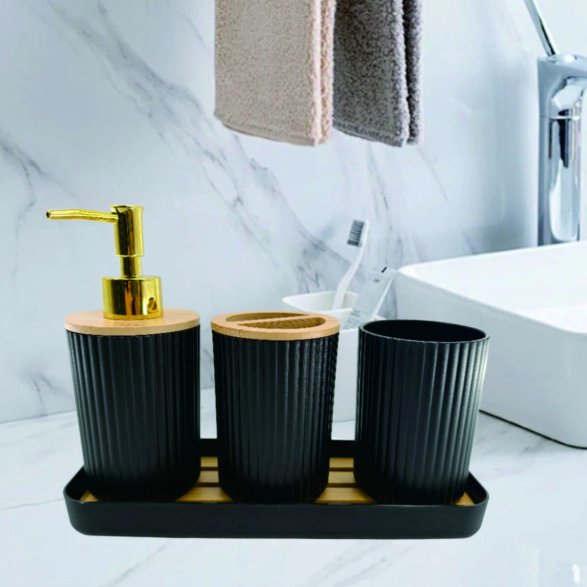 4-piece vertical-grain bamboo wood bathroom set 3