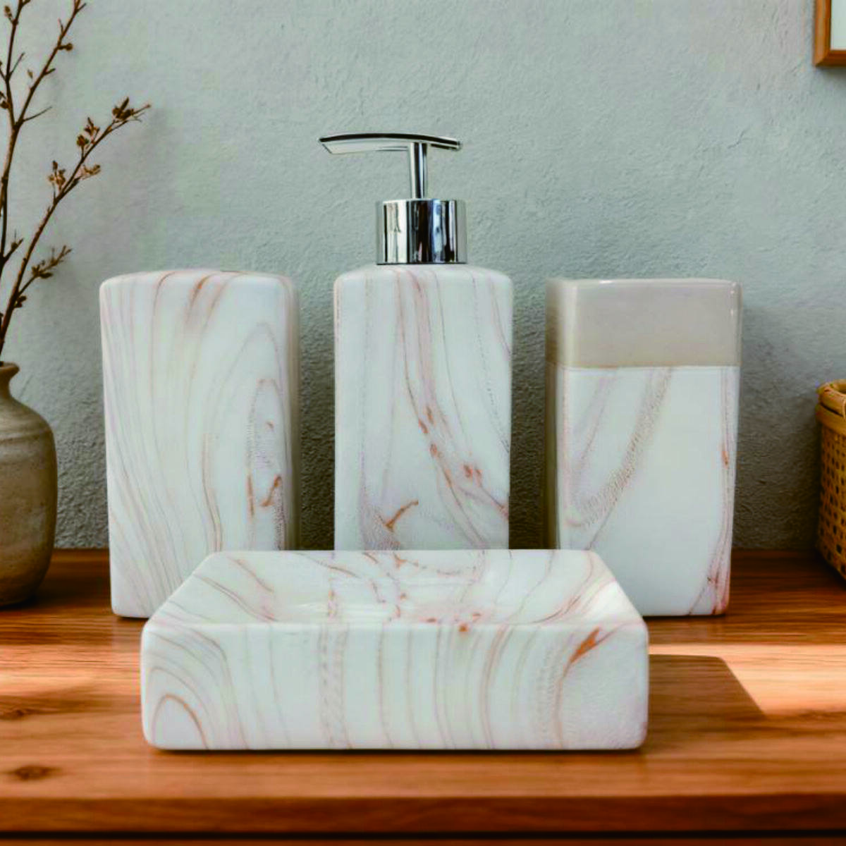 Wood Grain Texture Ceramic Bathroom Fixture Set 4
