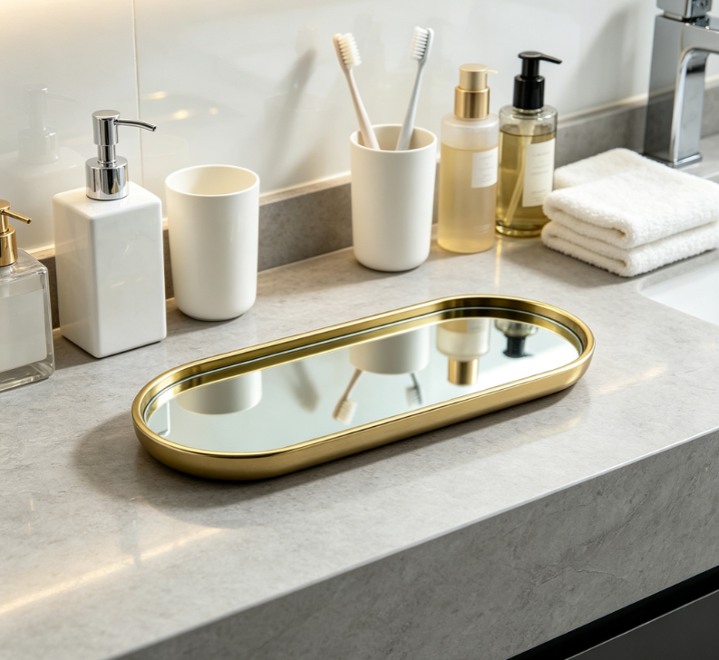 Minimalist Gold-Rimmed Oval Mirror Storage Tray 2