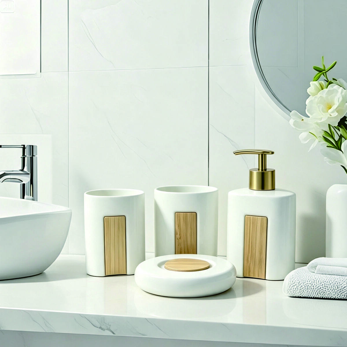 Nordic Bamboo Wood Veneer Ceramic Bathroom Set 3