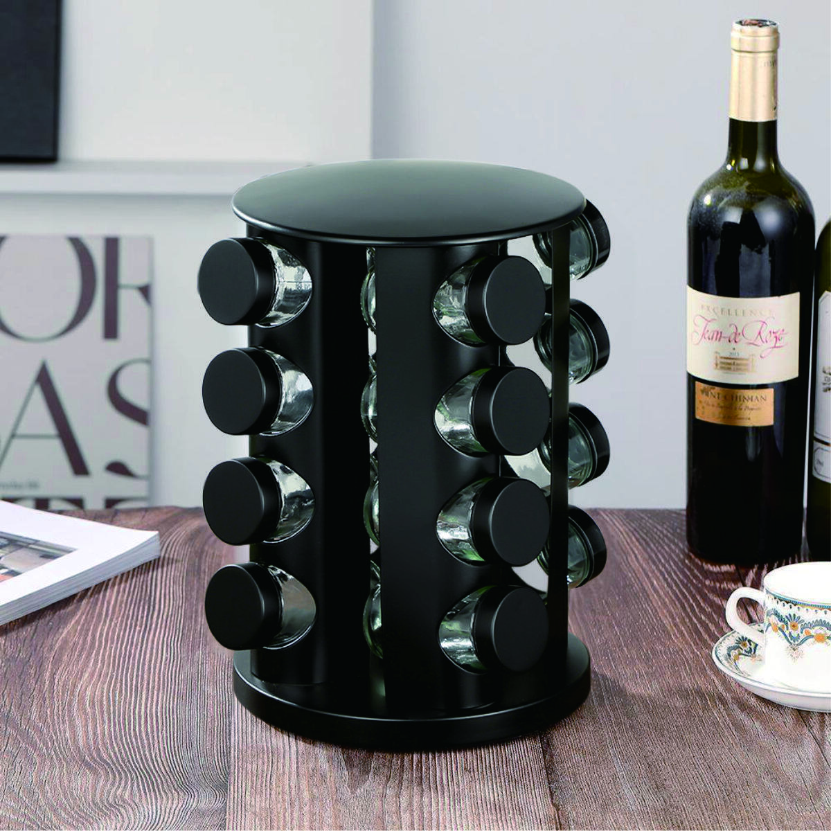 Multi-Purpose Black 16 Head Kitchen Spice Jar Organizer Set 2