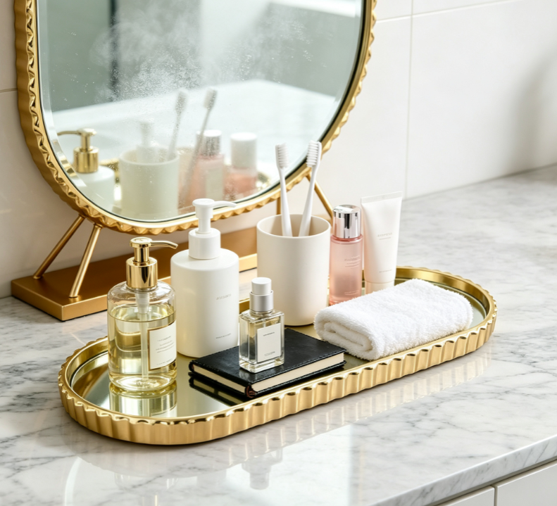 Gold-trimmed mirrored storage tray 4