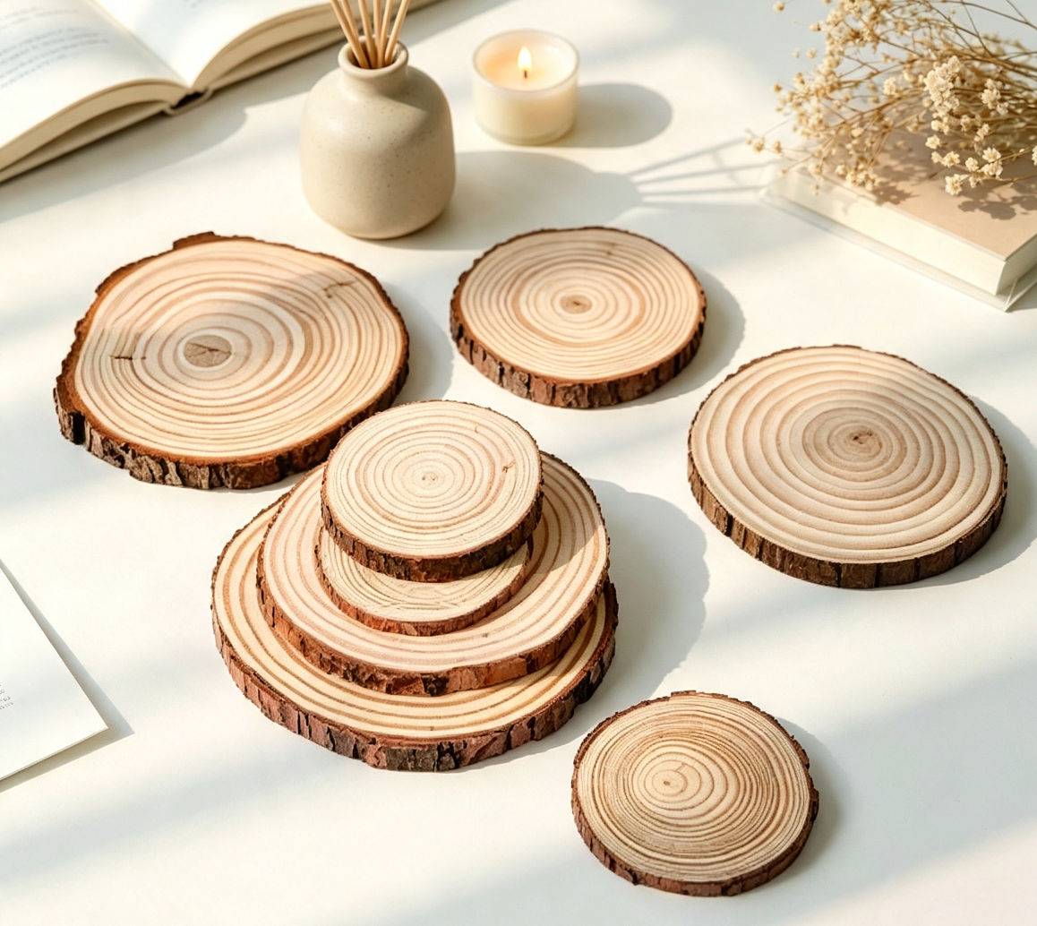 Natural wood slices with growth rings, handcrafted decorative wooden blocks 2