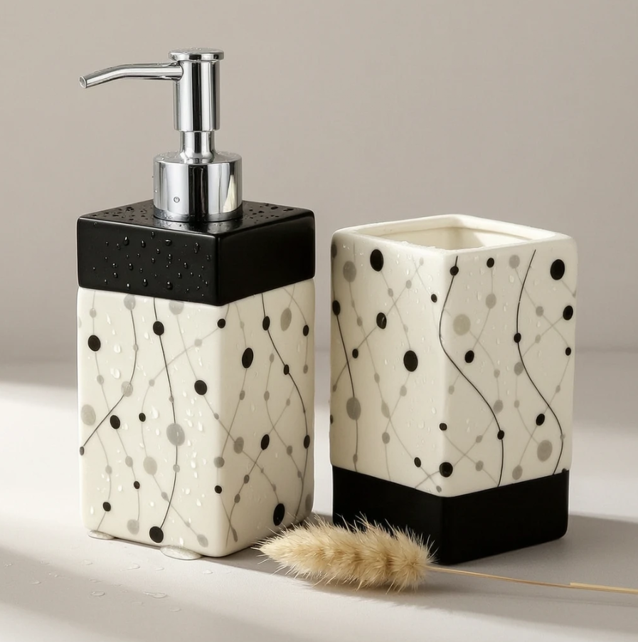Minimalist Abstract Polka Dot Line Ceramic Bathroom Set 5