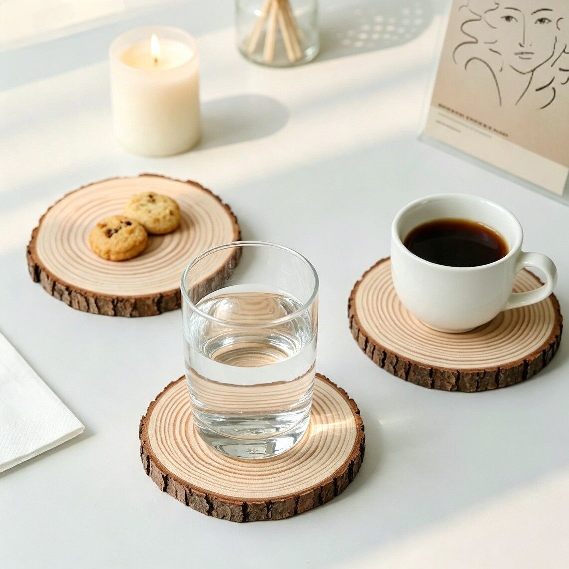 Round natural wood slices with growth rings, handmade decorative blocks 4