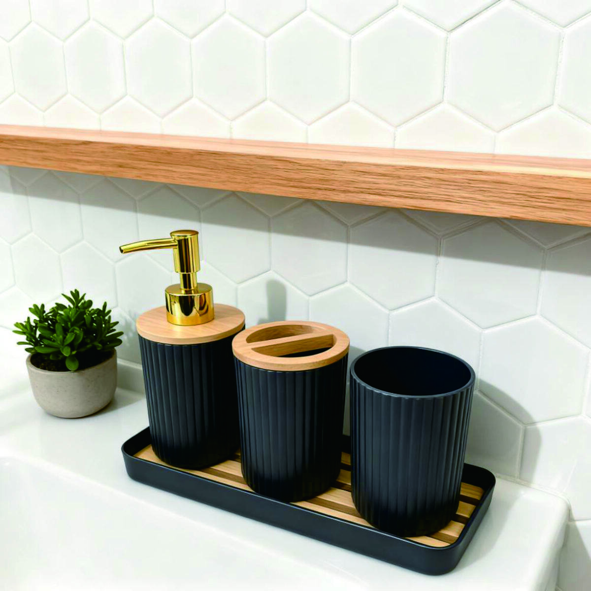 Vertical-Grain Bamboo Wood Bathroom Accessory Set 4