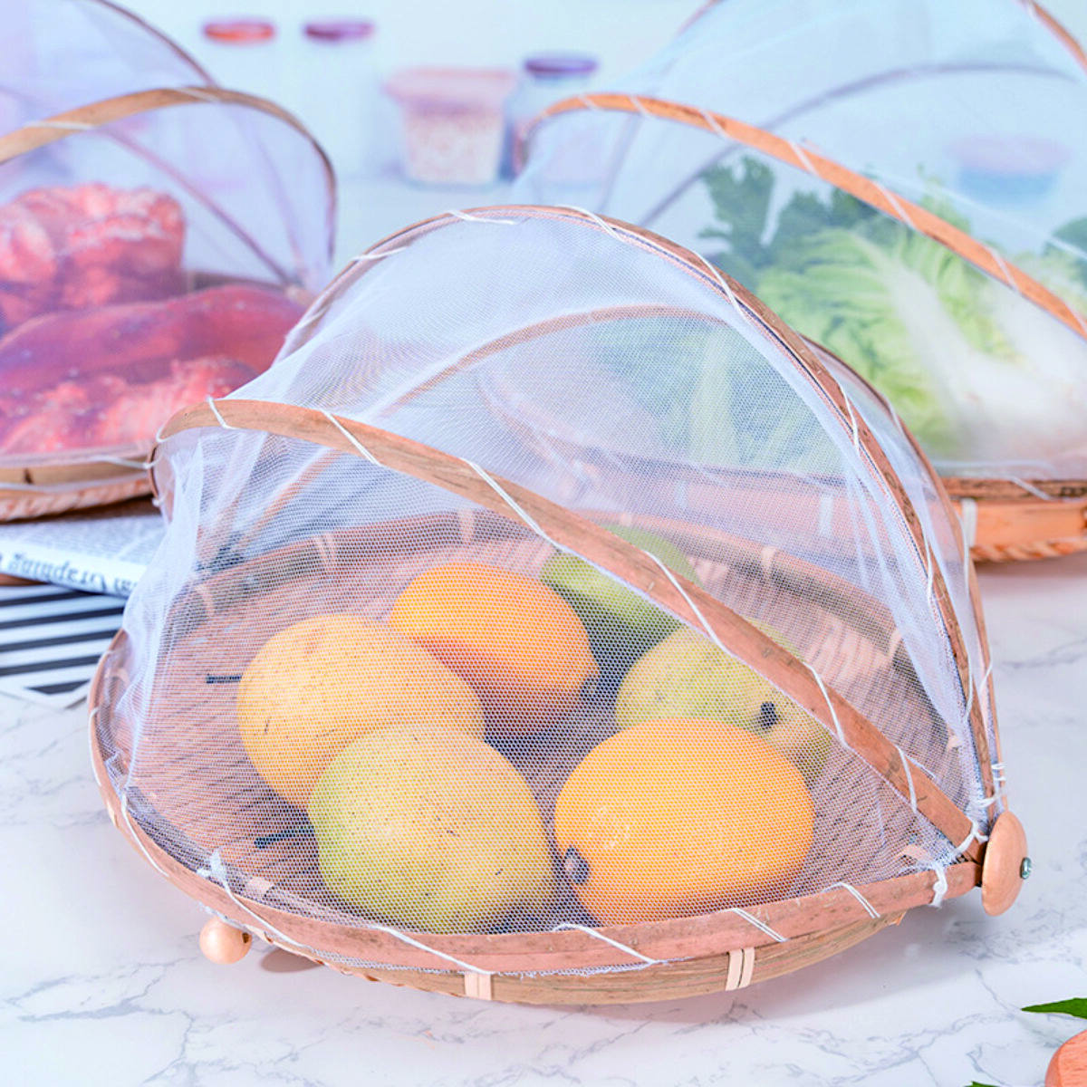 Round Bamboo Food Cover with Insect Protection (3-Piece Set) 2