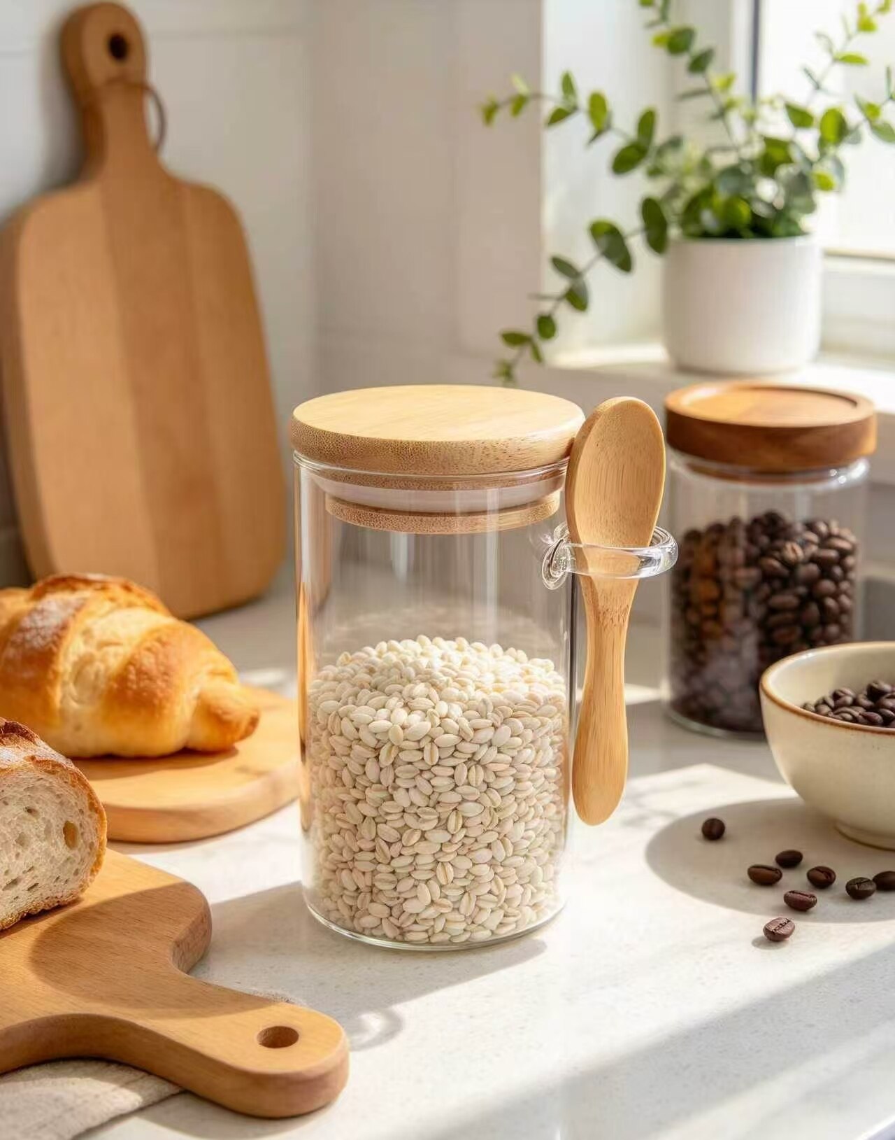 Simplified Wood Clear Glass Jar with Spoon 2