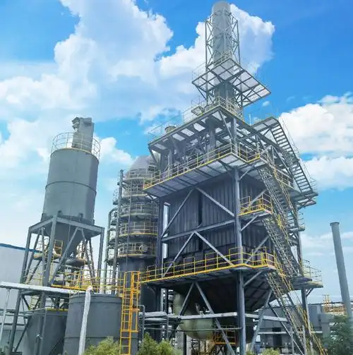 Multi-stage flue gas treatment train with absorber tower, rectangular duct body, lime silo and stack on a steel frame