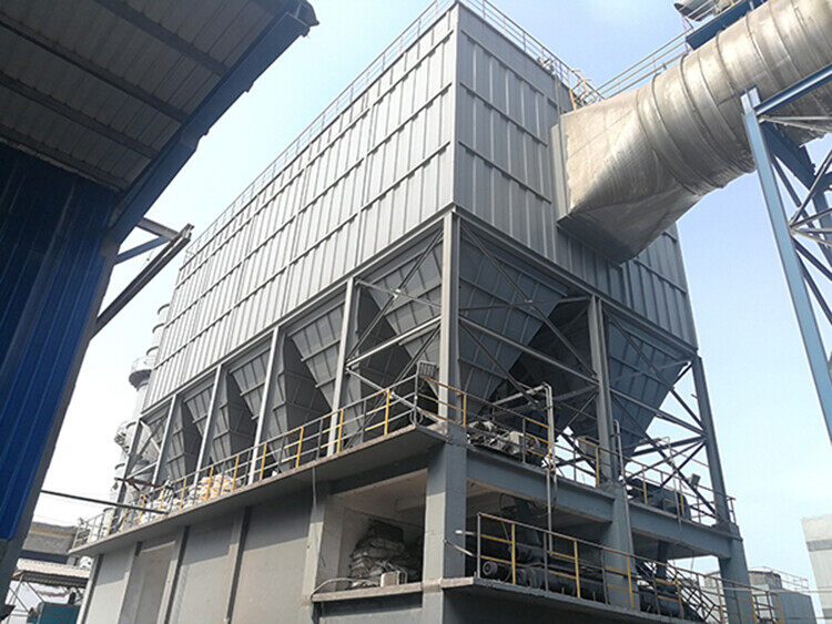 Multi-hopper pulse baghouse dust collector installed on a steel platform with top inlet duct