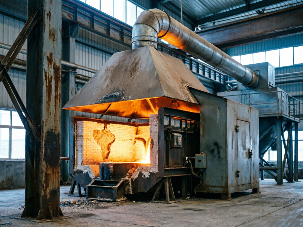 Fume capture hood and baghouse dust collection system above a metallurgical induction furnace