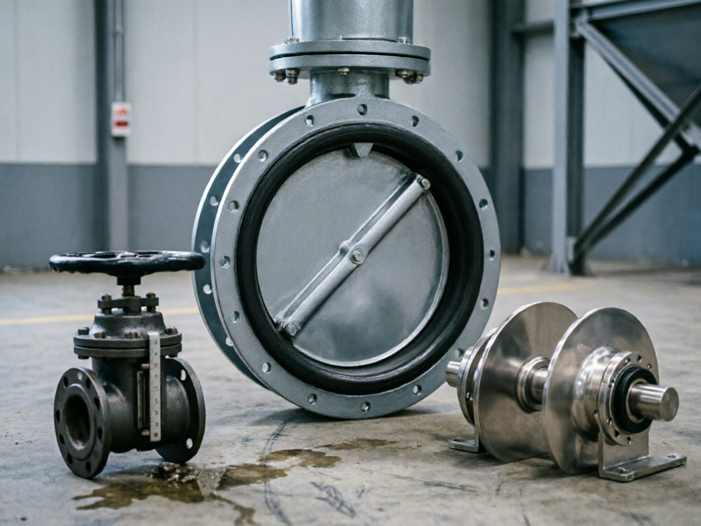 Industrial butterfly damper valve installed in dust extraction ductwork