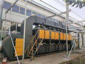 Catalytic combustion unit with activated carbon adsorption boxes and ductwork installed outdoors