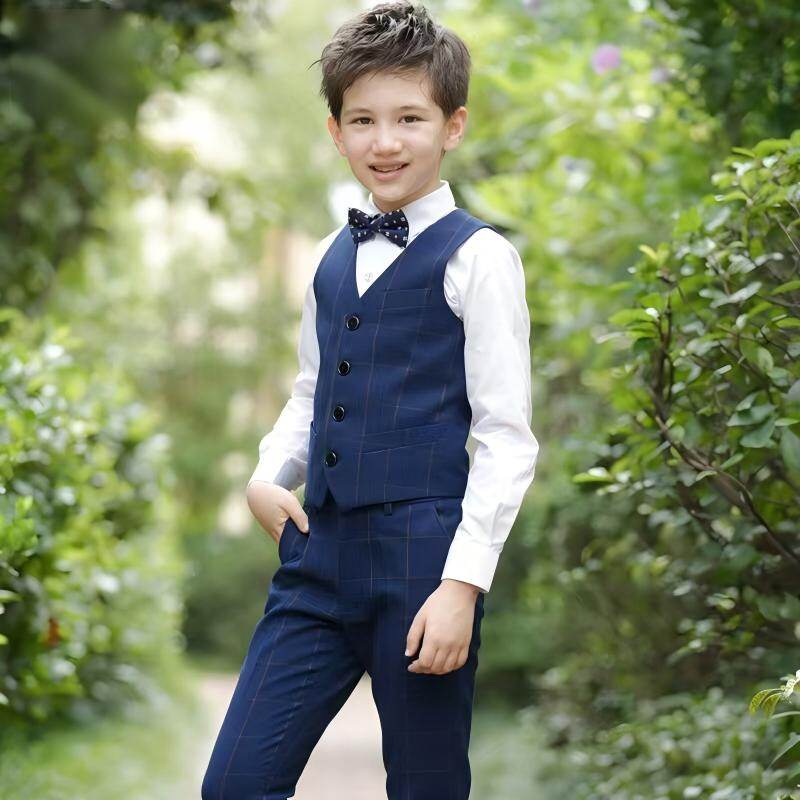 Navy Plaid Vest Set with Bow Tie