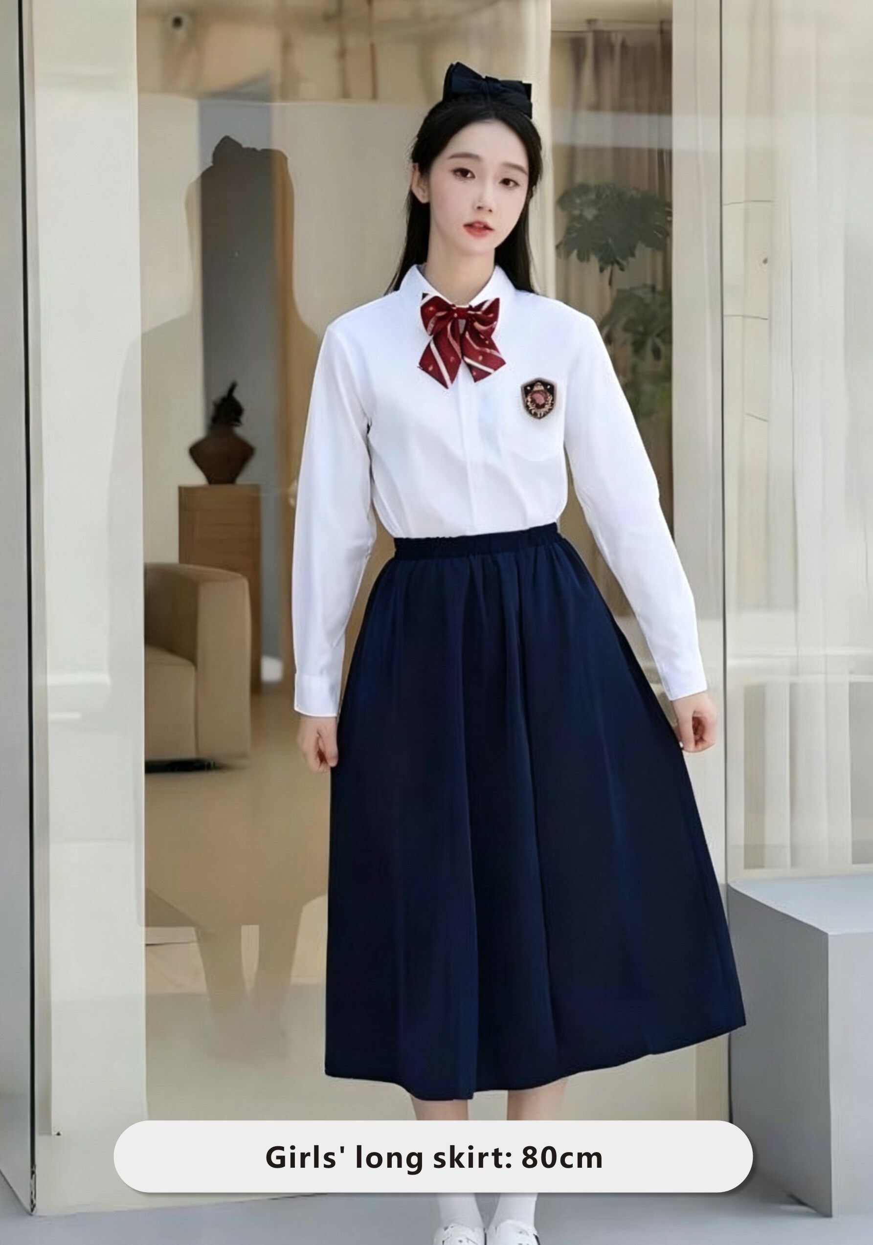 White Long-Sleeve Shirt & Navy Blue Skirt Set