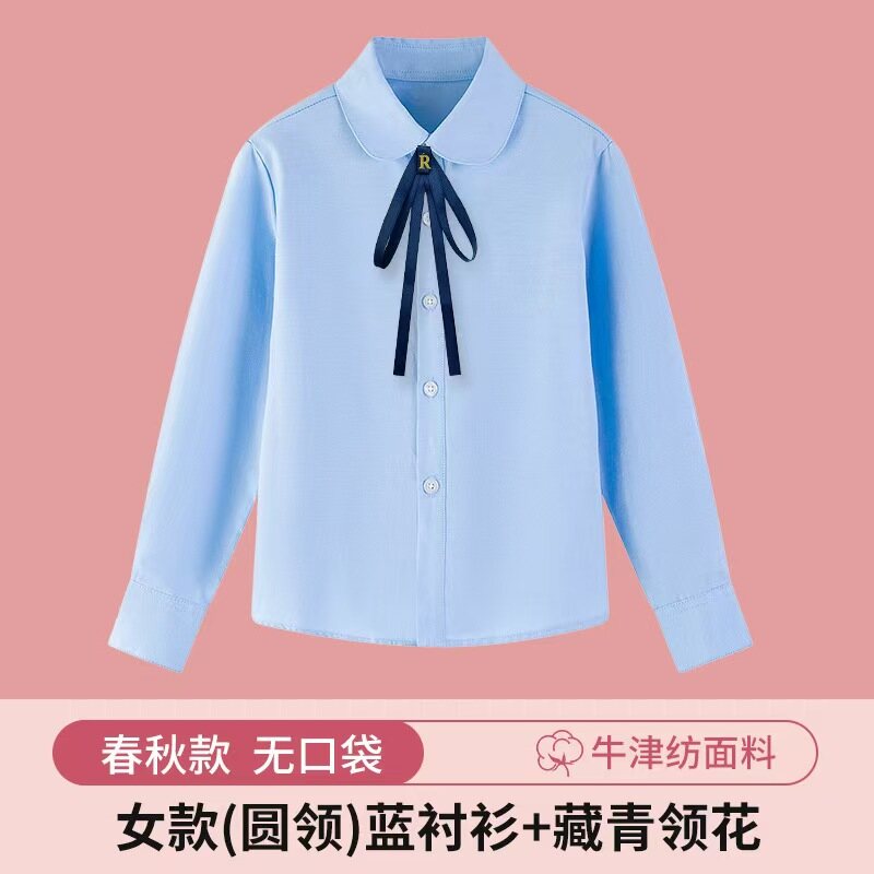 Women's Round-Neck Blue Shirt with Navy Bow