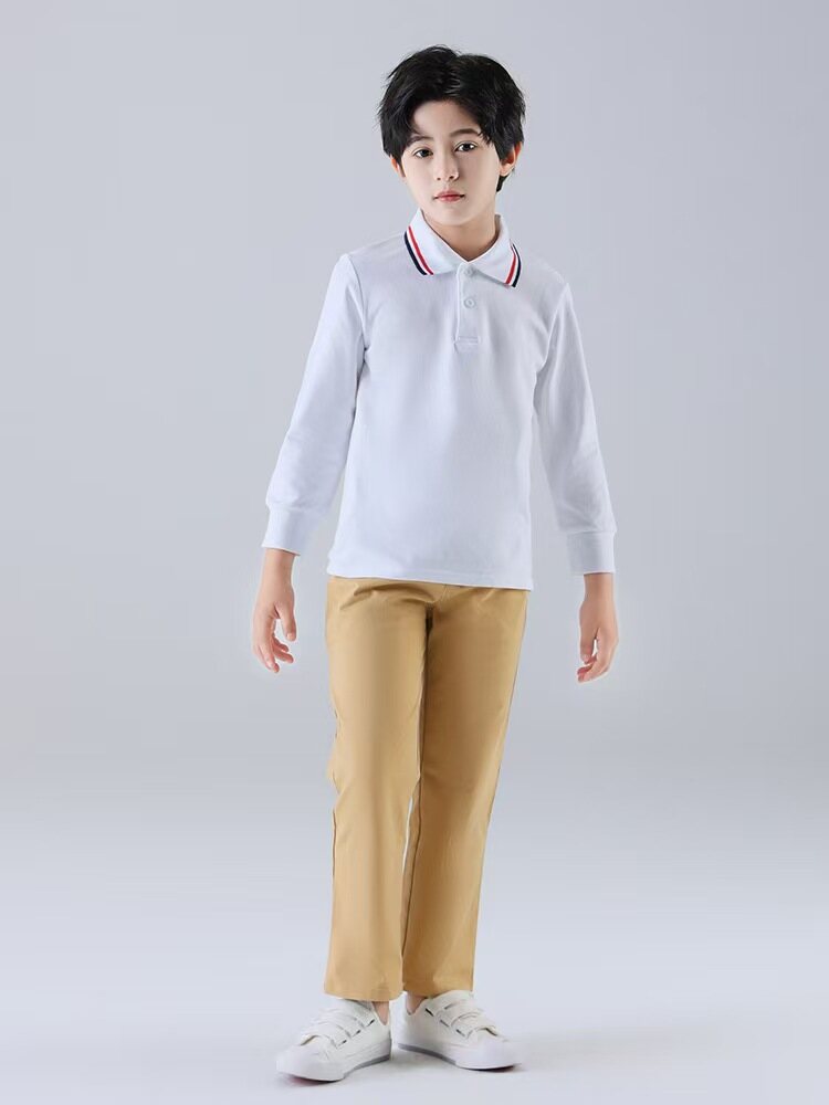 White Long-Sleeve Polo Shirt with Khaki Pants