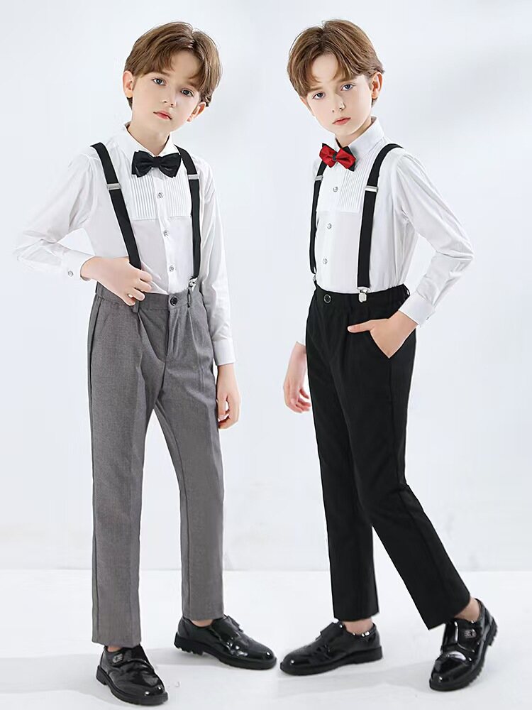 White Shirt and Suspenders Set with Bow Tie