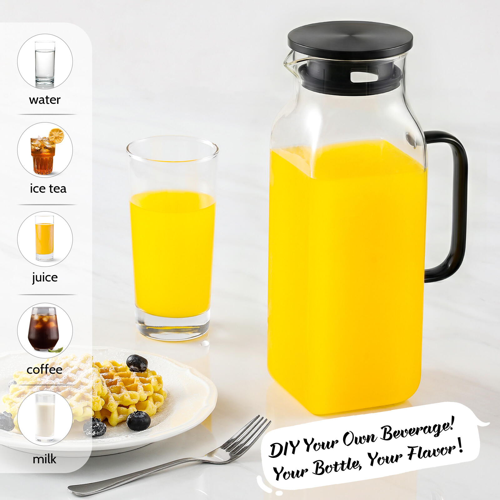 Netany 2 Quart (2 Liter 68 oz) Square Glass Pitcher with Lid and Spout view 2