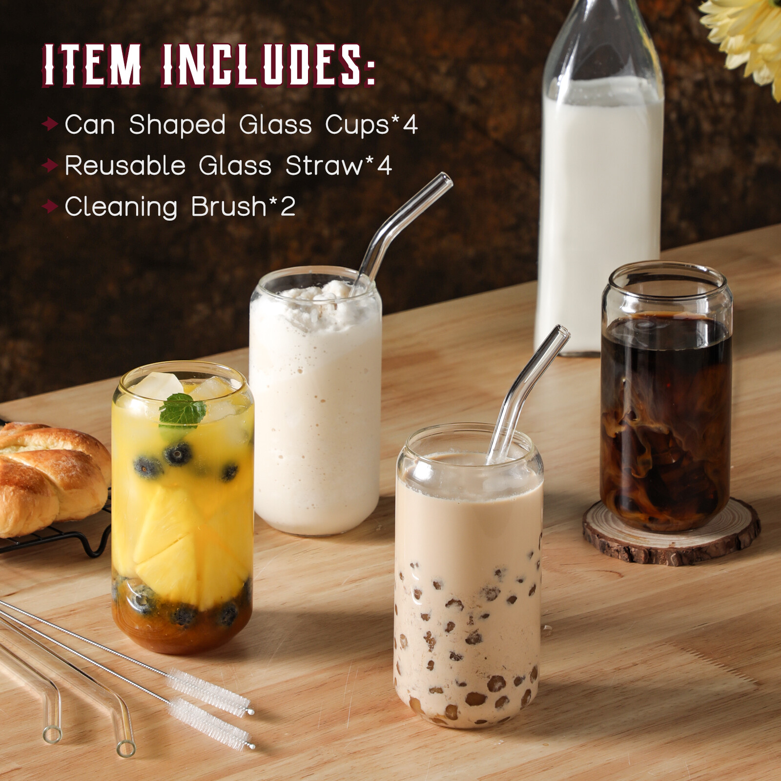 NETANY Drinking Glasses with Glass Straw 4pcs Set view 3