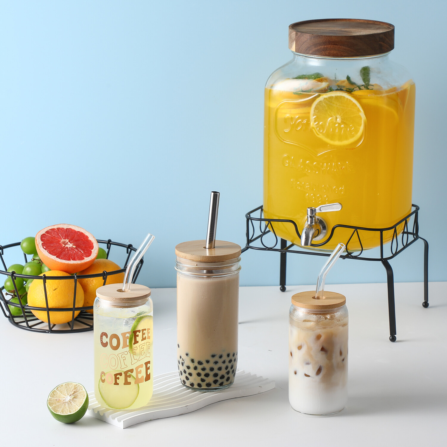 Glass Drink Dispenser and Cups