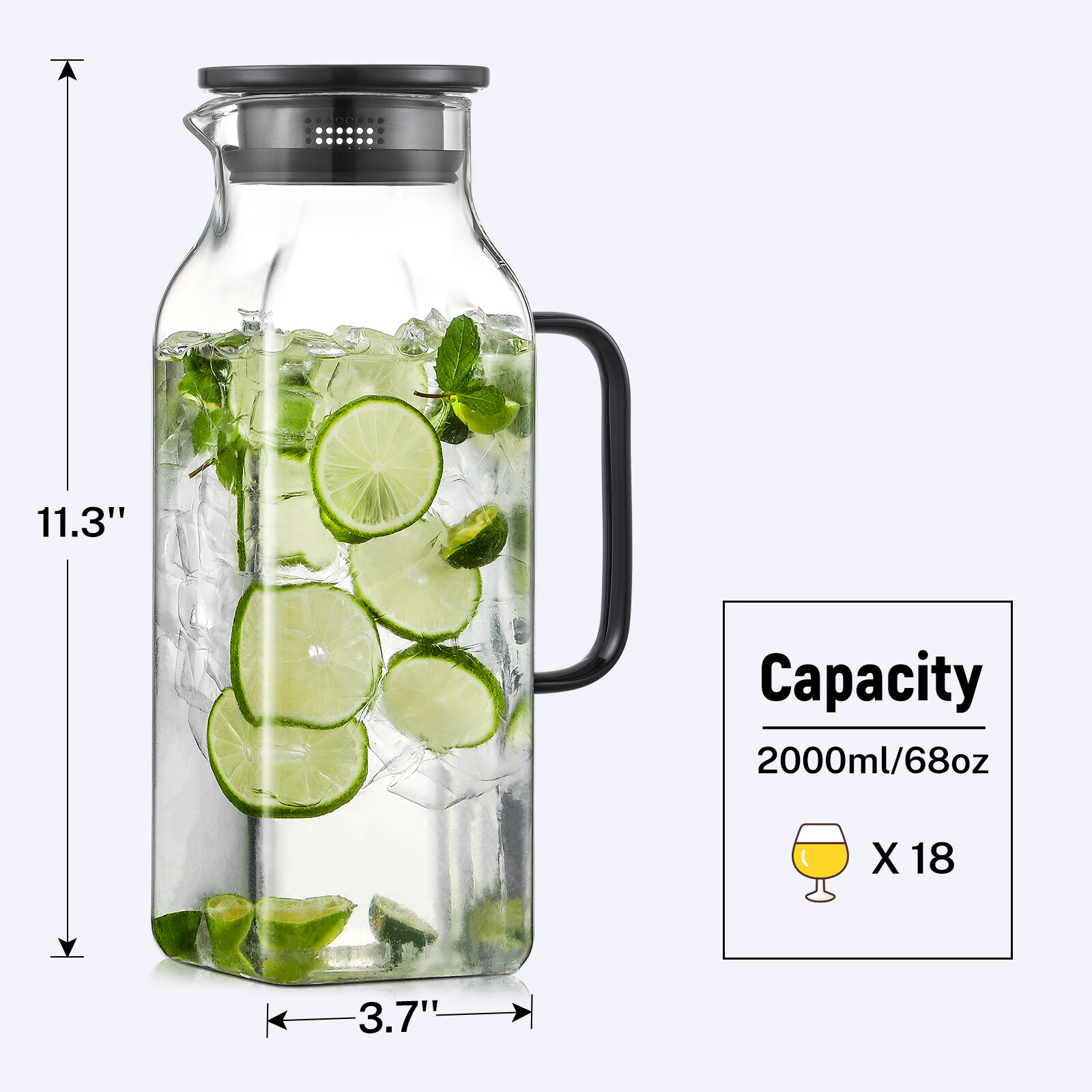 Netany 2 Quart (2 Liter 68 oz) Square Glass Pitcher with Lid and Spout view 3