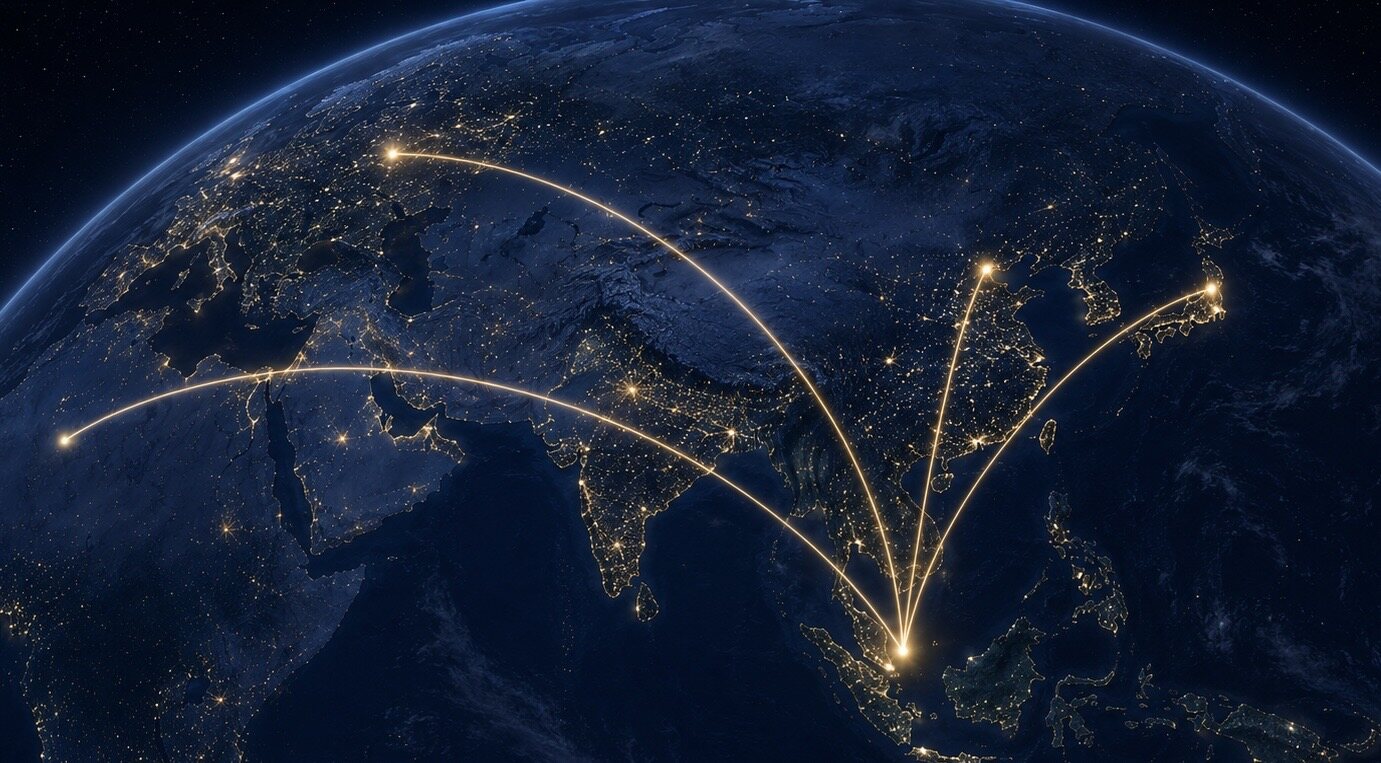 Global network with Singapore as a hub connecting Europe, Asia, and the Americas