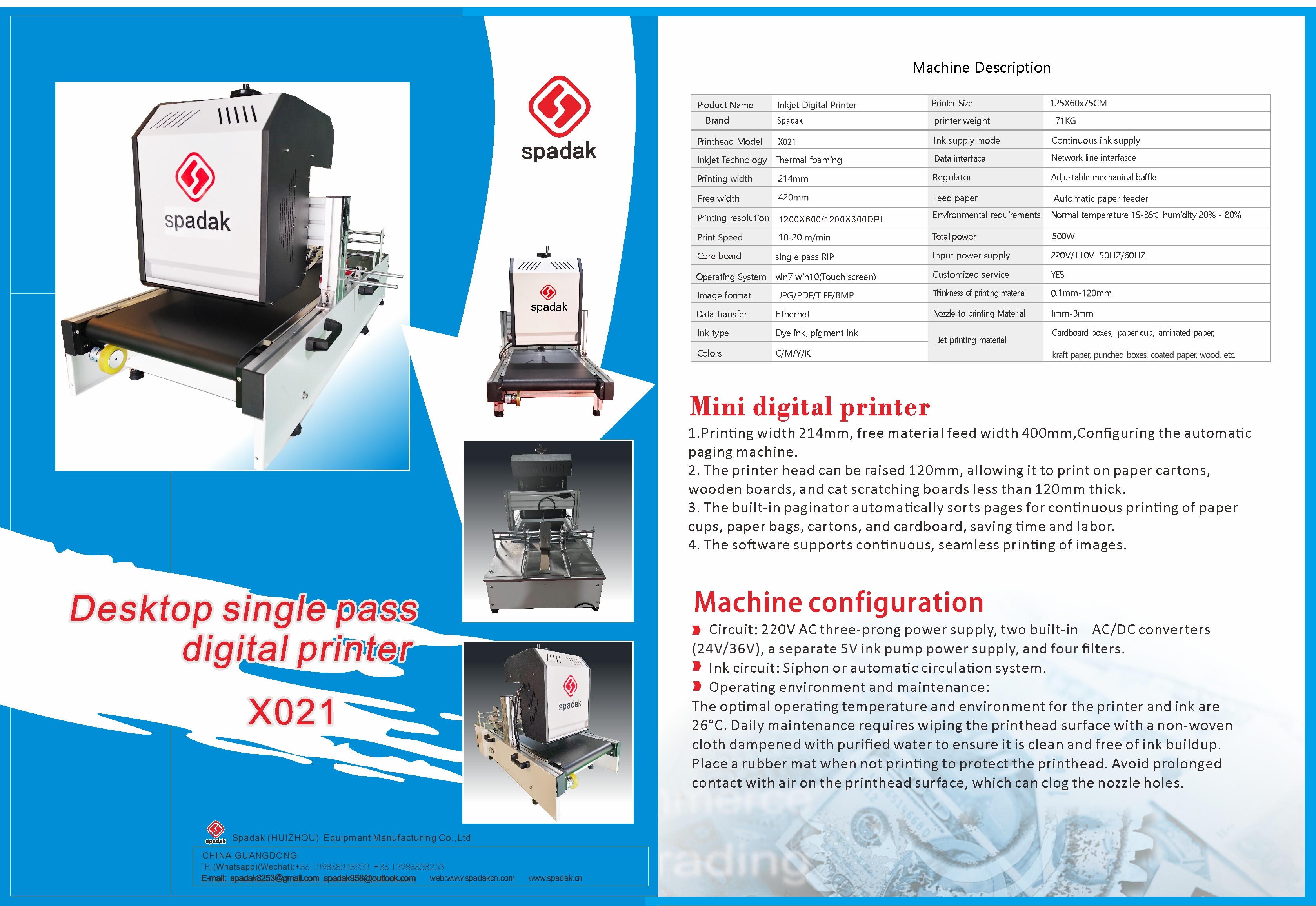 Spadak X021 Desktop Single-Pass Digital Printer Technical Specifications