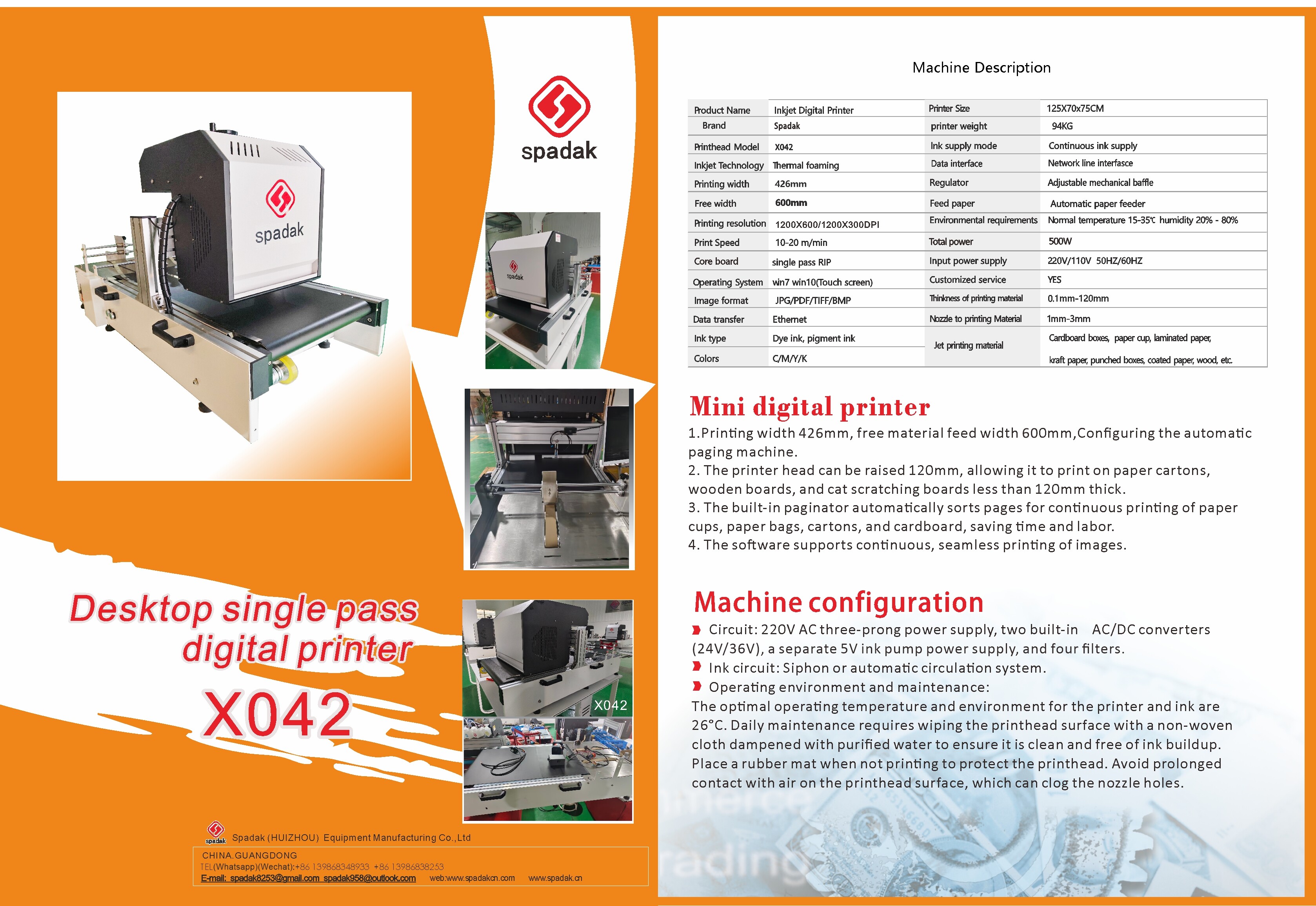 Spadak X042+ Desktop Single-Pass Digital Printer Technical Specifications