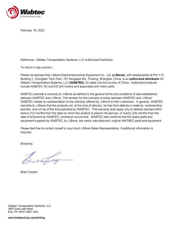 GE Drilling (now Webtec) has appointed J-Stone as its exclusive authorized distributor in China.